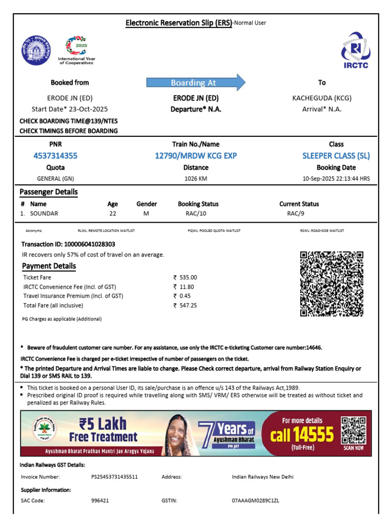 Electronic Reservation Slip for Train Booking | PDF | Identity Document ...