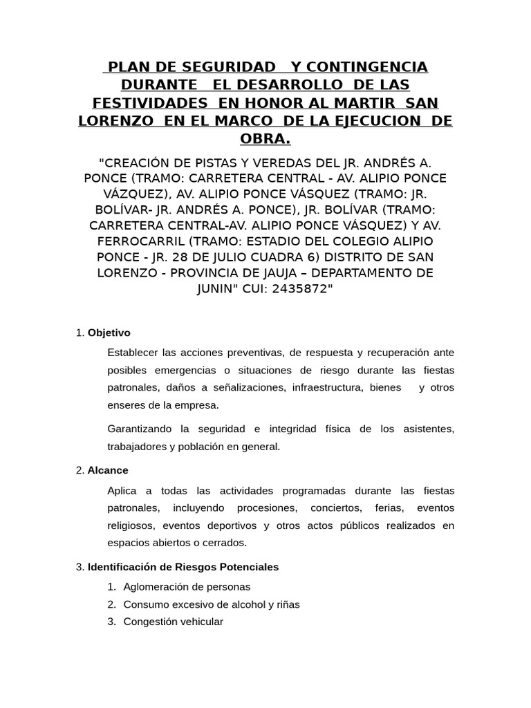 Plan de Contingencia en Seguridad y Salud en El Trabajo de La Obra | PDF