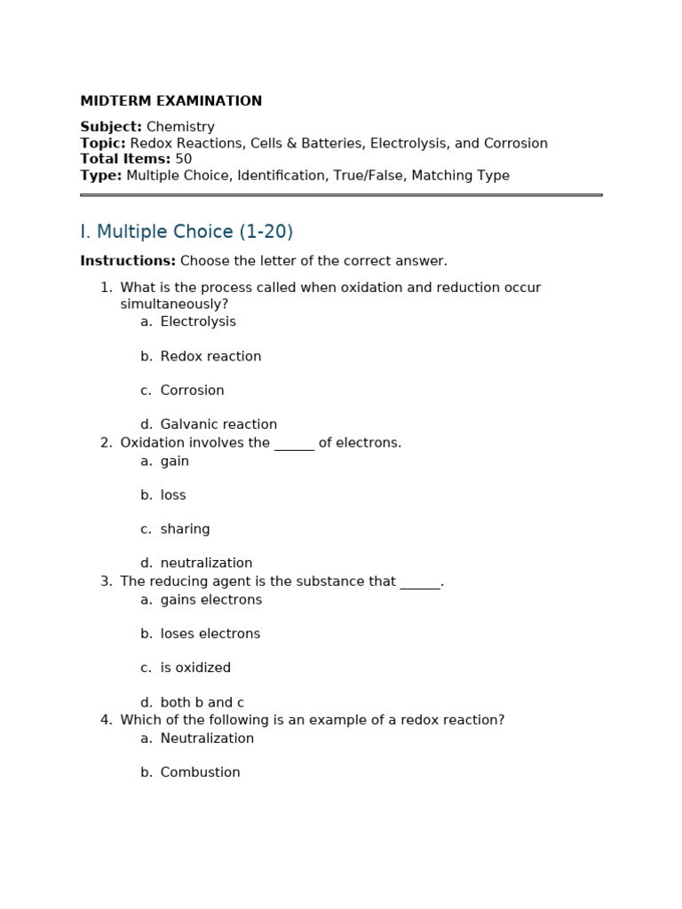 Chemistry Midterm: Redox & Electrolysis | PDF | Redox | Electrochemistry