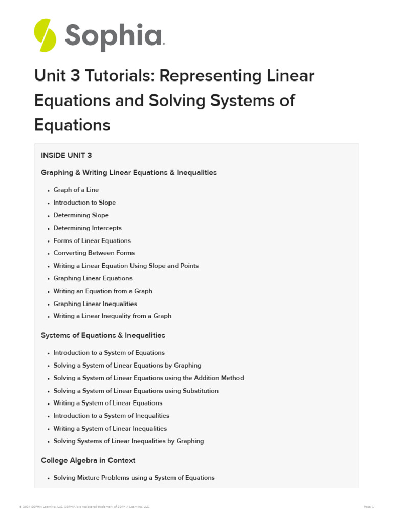 Unit 3 Tutorials Representing Linear Equations and Solving Systems of ...