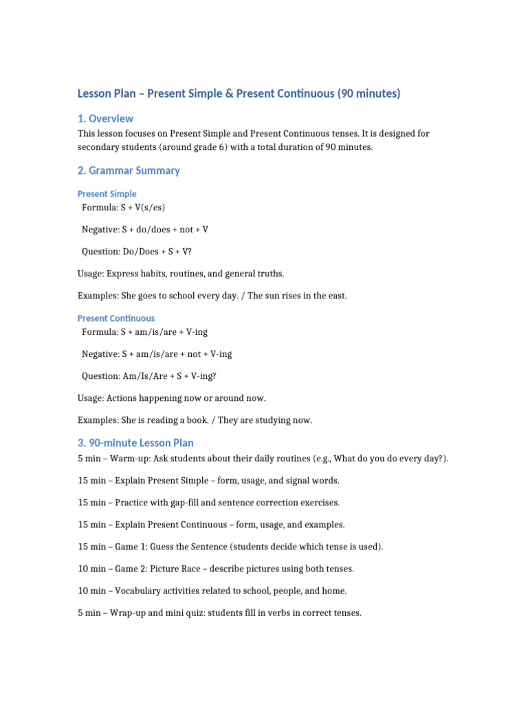 90-Minute Lesson Plan: Present Tenses | PDF