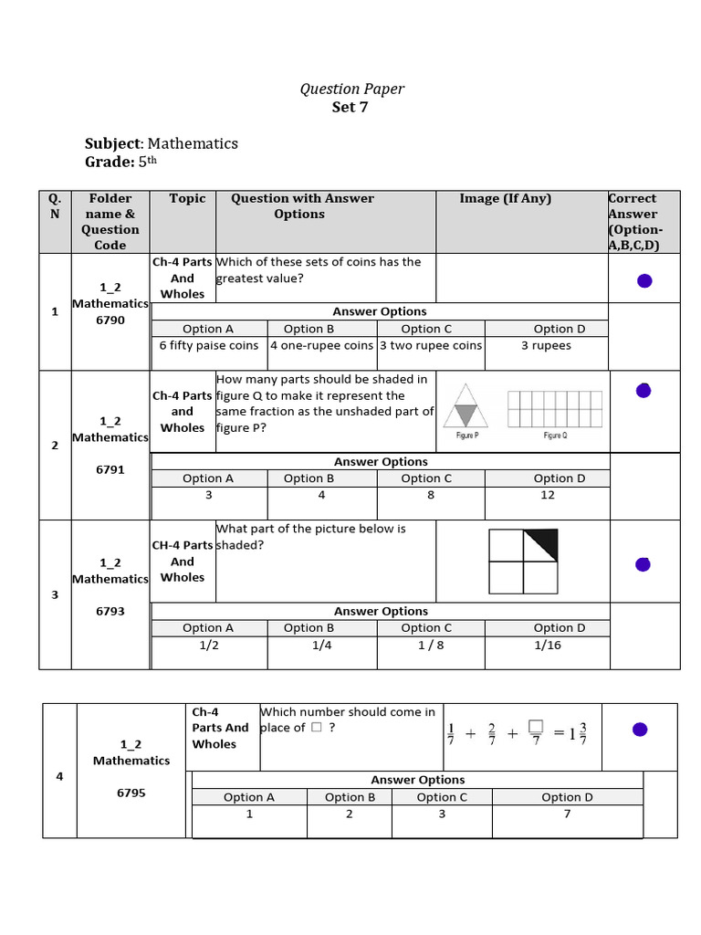 5th Grade Math Question Paper Set 7 | PDF | Mathematics | Arithmetic