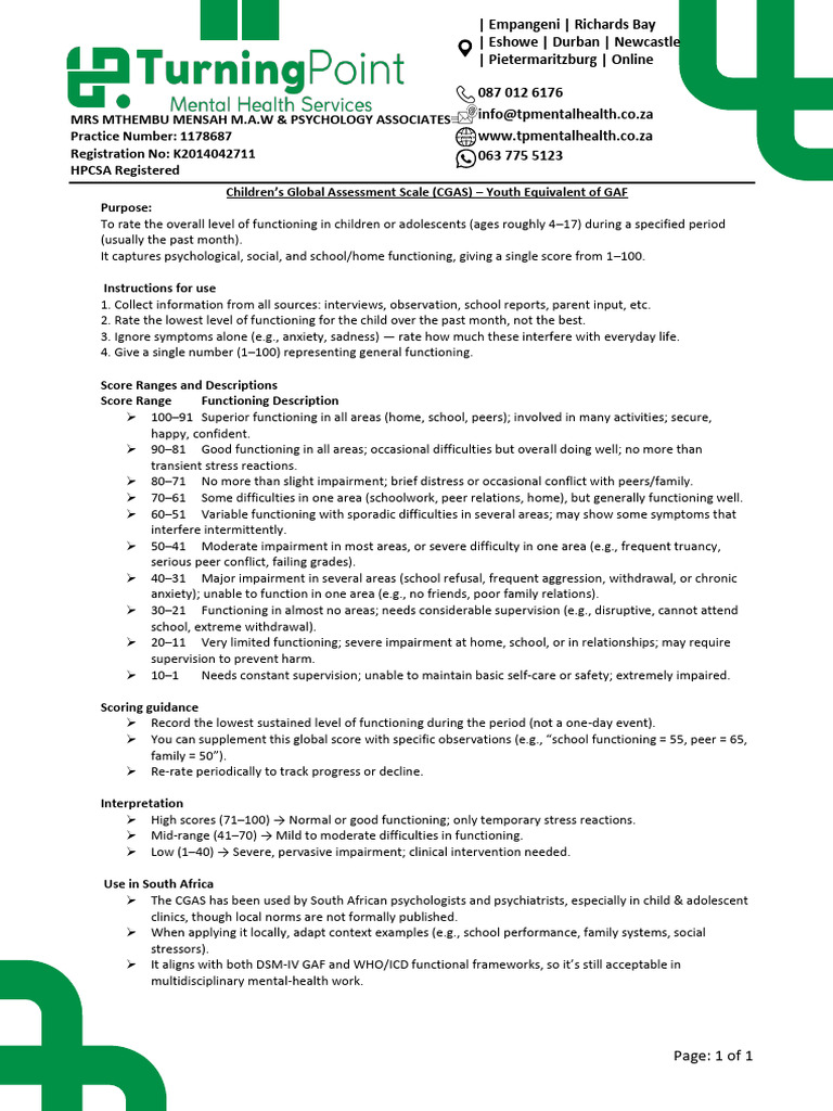 CGAS: Children's Functioning Assessment | PDF | Mental Health | Psychology