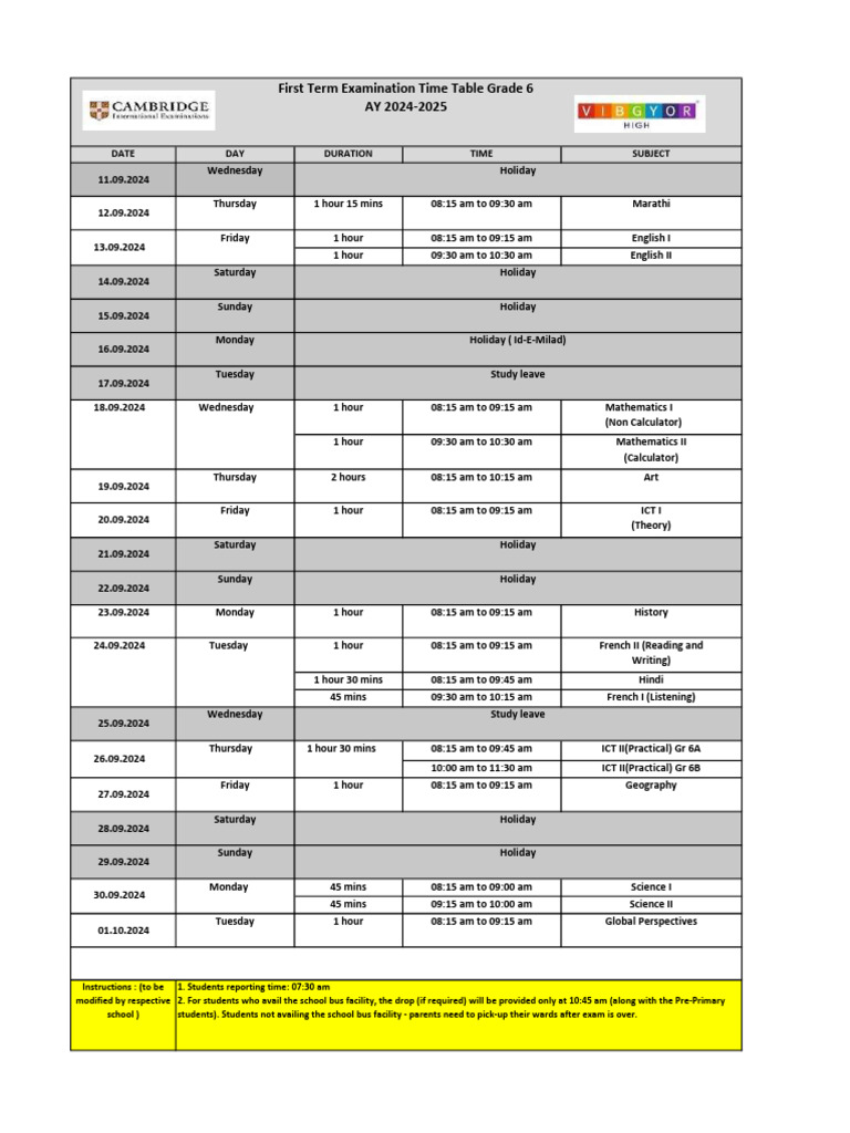 Annexure 1. A. 8 Term 1 Time Table | PDF