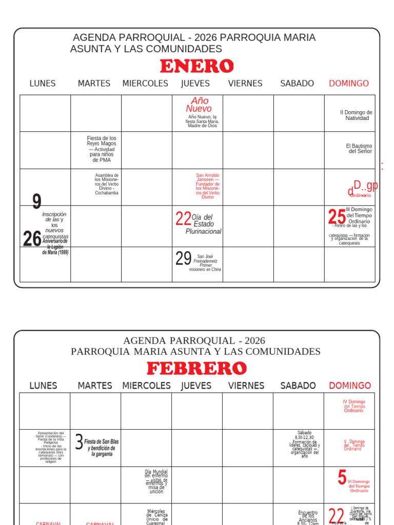 Agenda Parroquial 2026 | PDF | Prestado | María, madre de Jesús