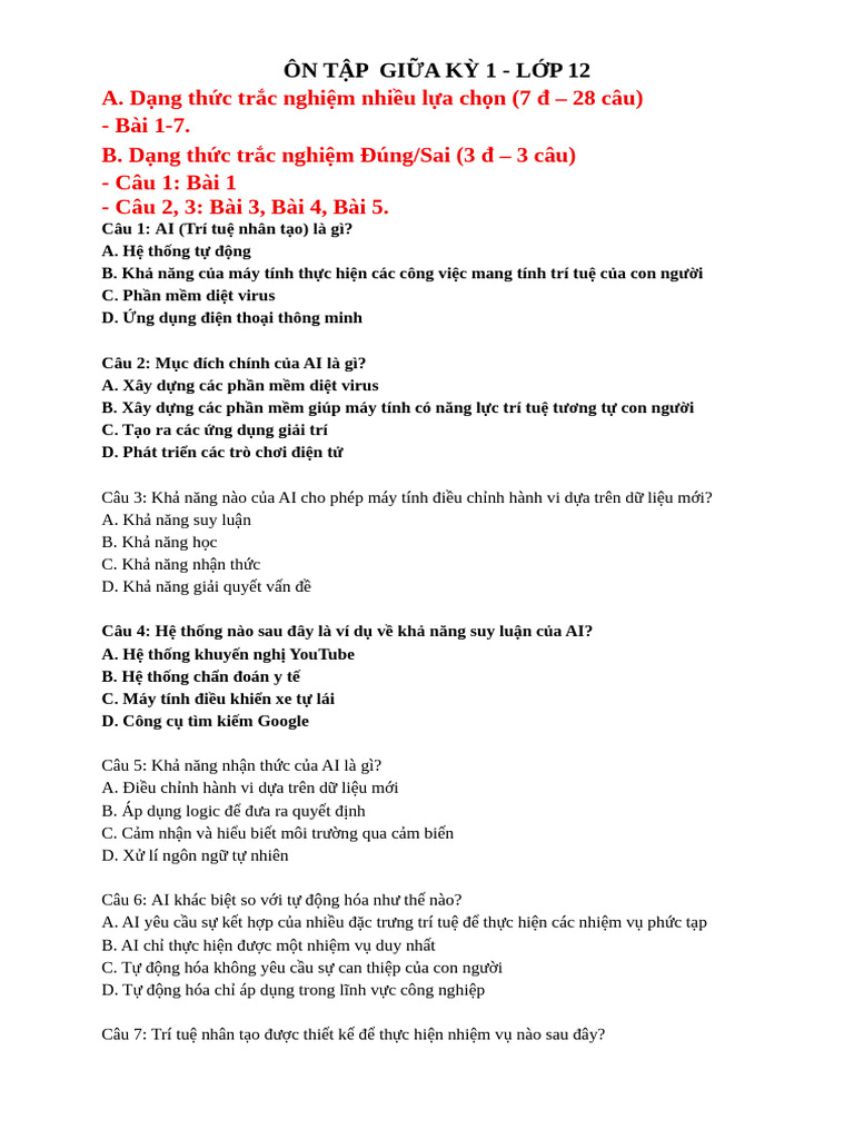 On Tap Giua Ky 1 - Lop 12 | PDF