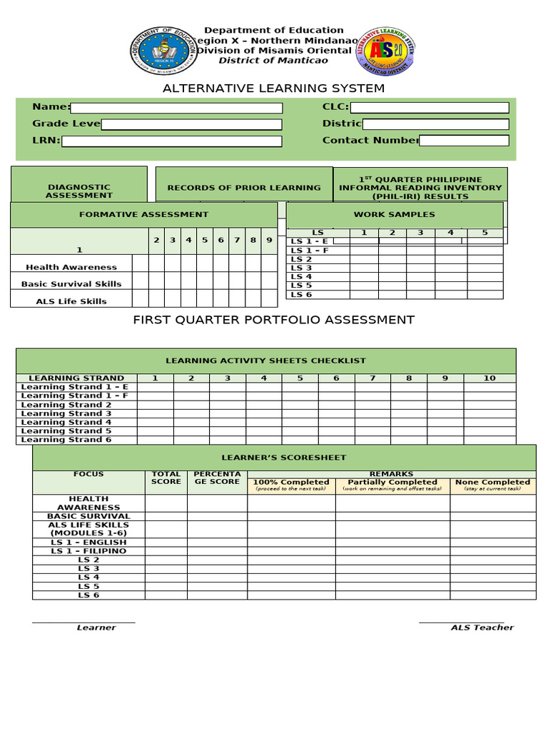 ALS First Quarter Assessment Checklist | PDF | Cognitive Science ...