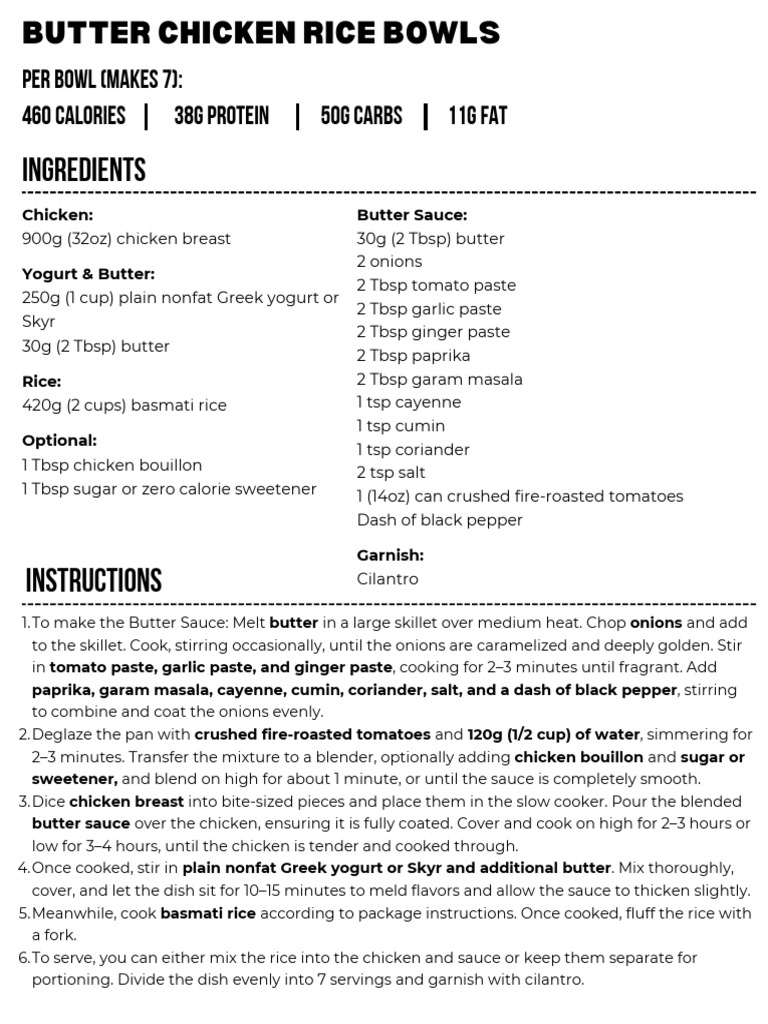 Butter Chicken Rice Bowls Recipe Card | PDF | Coriander | Butter