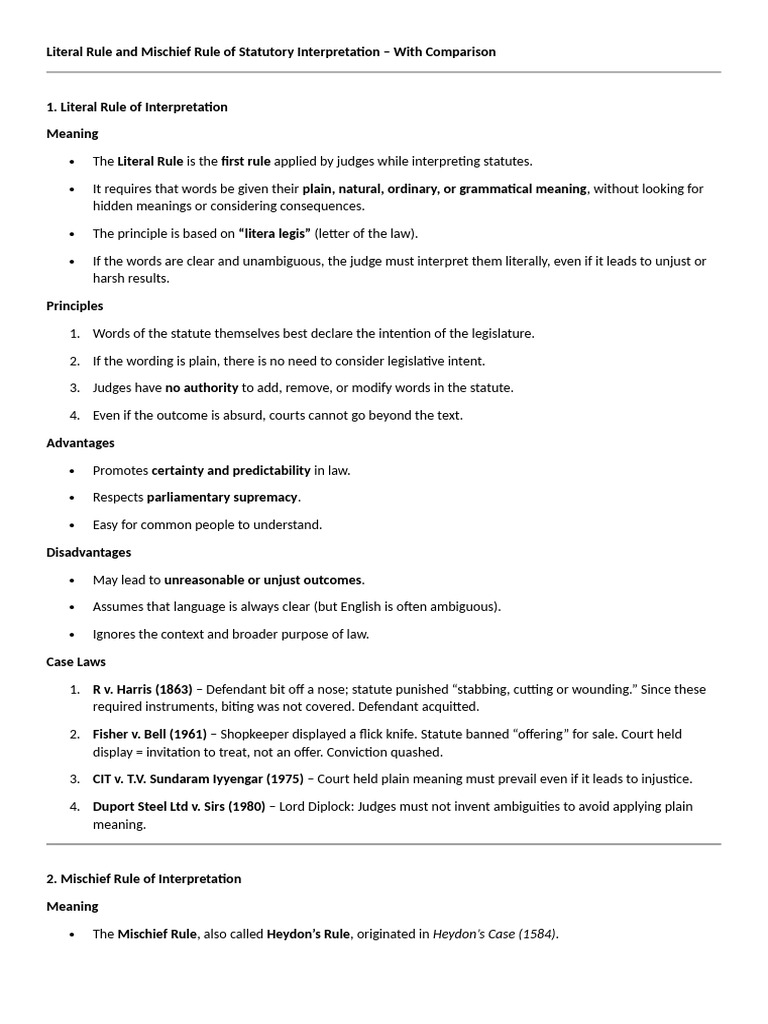 Literal Rule and Mischief Rule of Statutory Interpretation | PDF ...