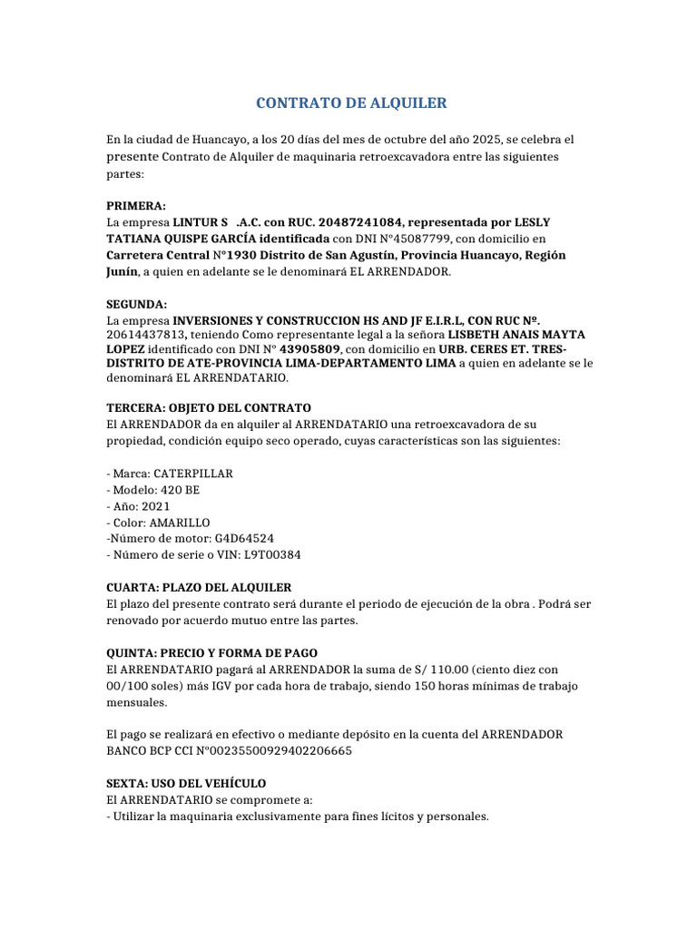 Contrato de Alquiler de Retroexcavadora | PDF