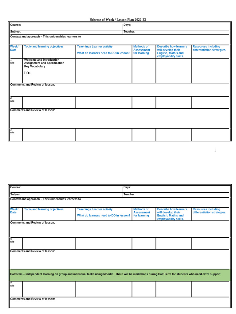 SOW Template Jan 2022-23 | PDF | Learning | Teachers