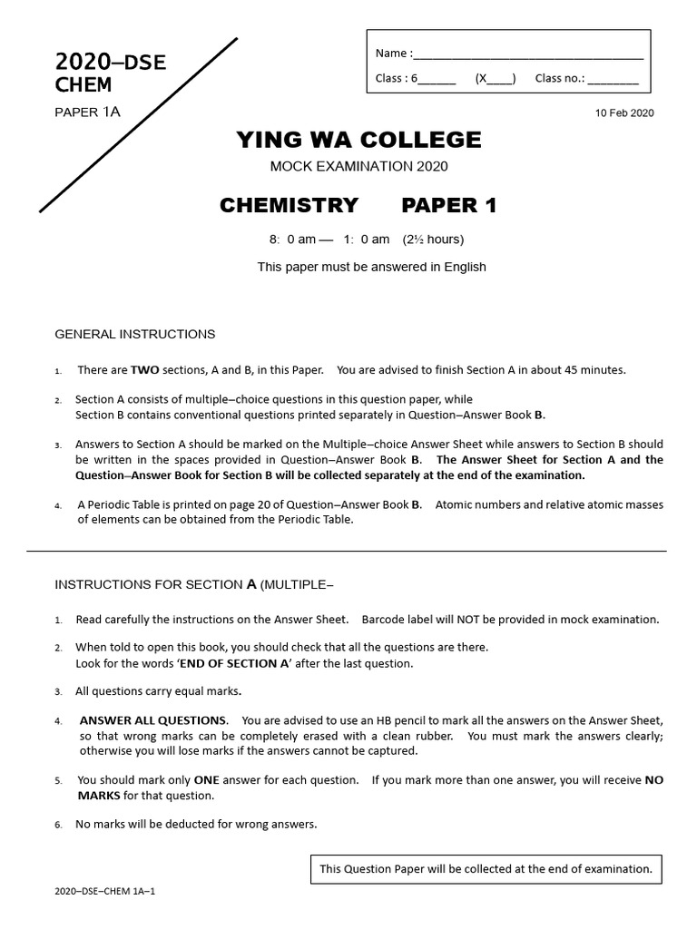 2020 DSE Chemistry Mock Exam Paper | PDF | Nitrogen | Acid