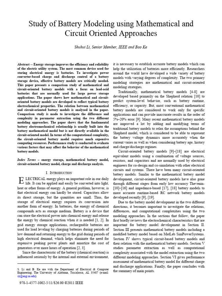Study of Battery Modeling Using Mathematical and Circuit Oriented ...