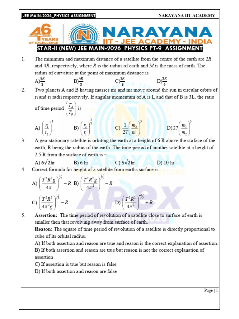 JEE Main 2026 Physics Assignment Guide | PDF | Mass | Orbit
