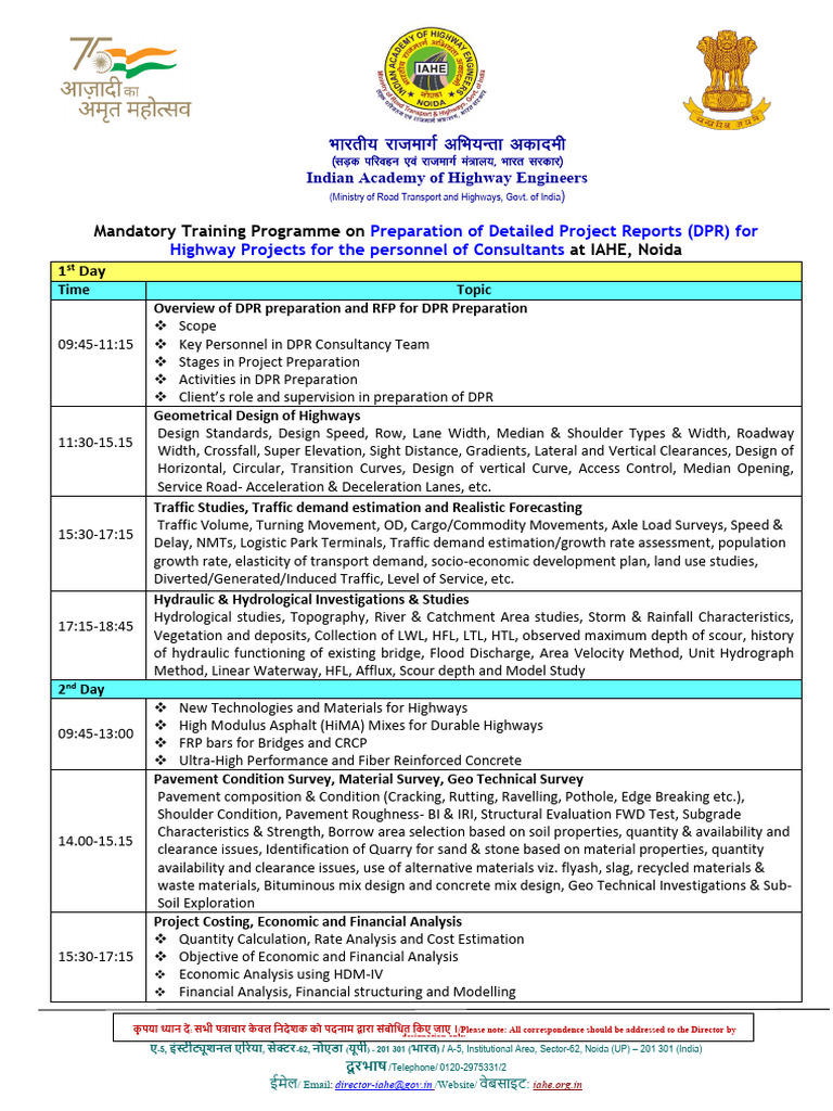 Detailed Schedule of DPR Course 2025-26 | PDF | Road Surface | Transport
