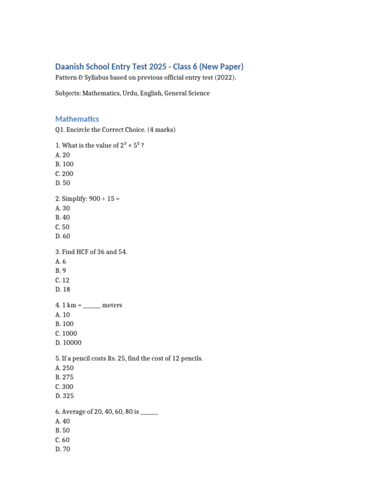 Daanish School Entry Test 2025 Class6 | PDF