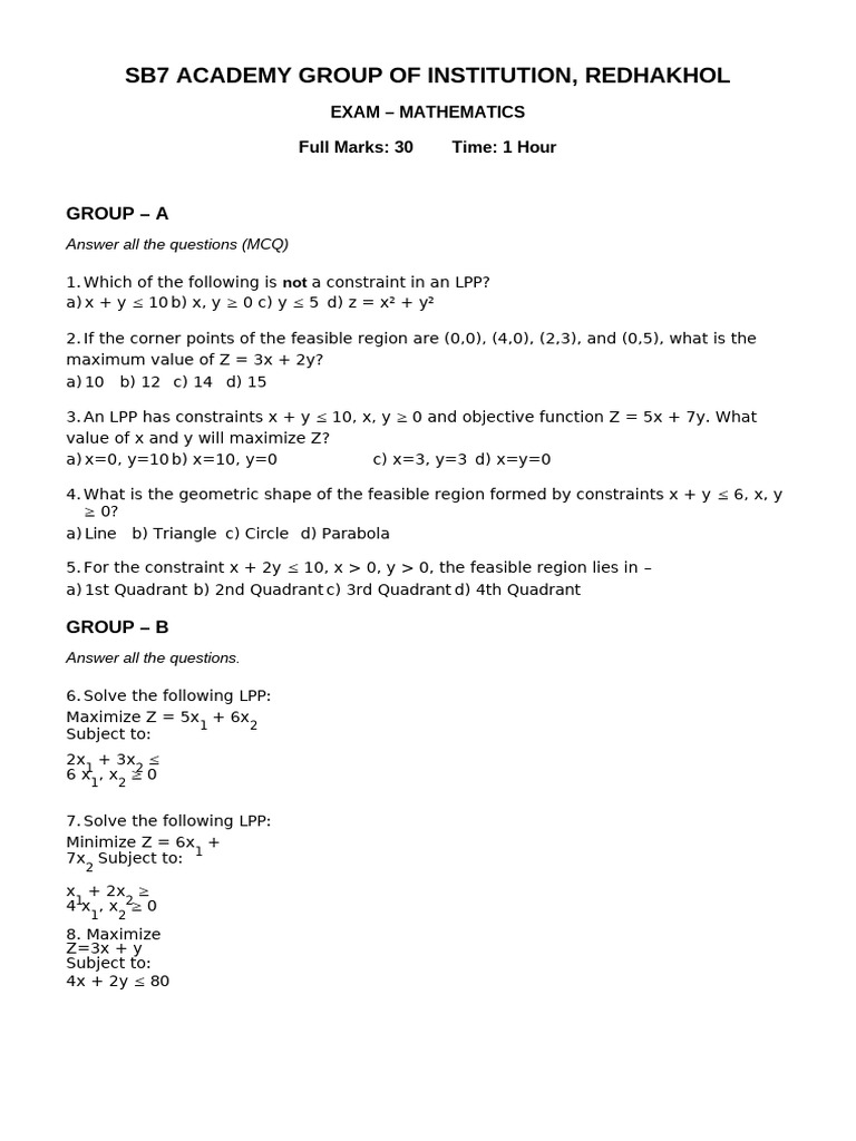 Mathematics Exam for LPP Optimization | PDF