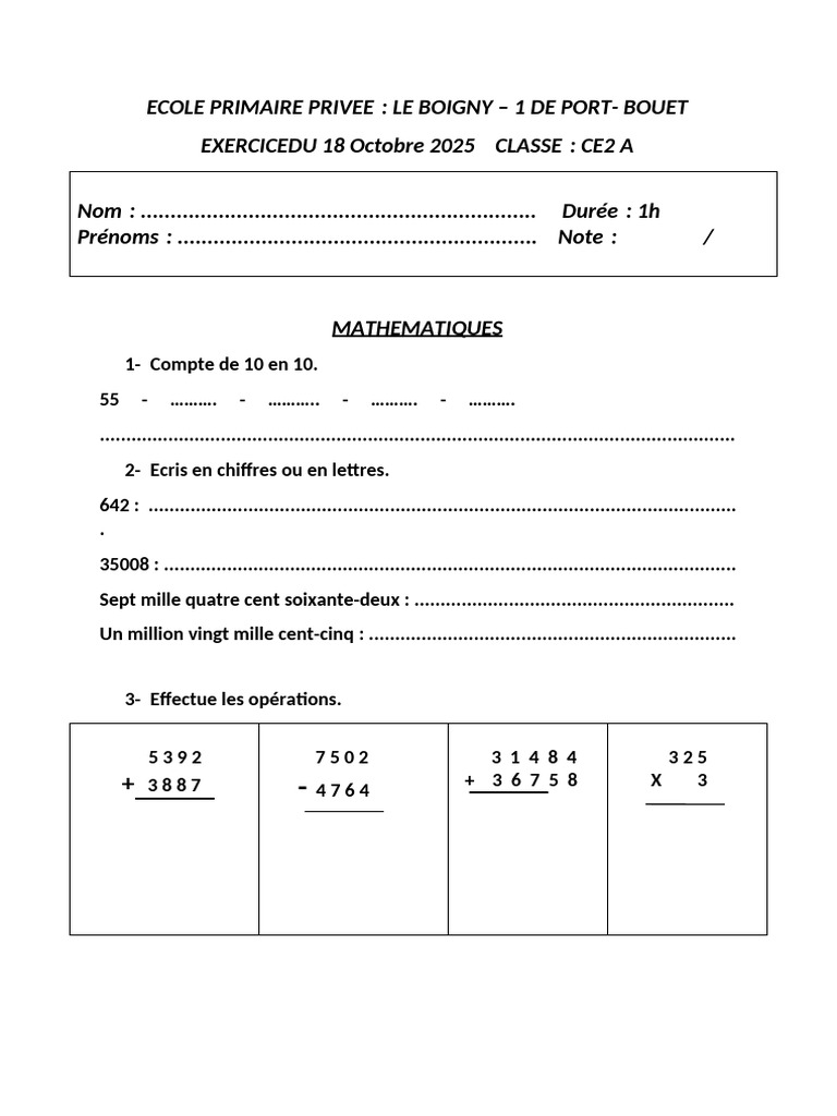 Exercices de mathématiques CE2 A | PDF