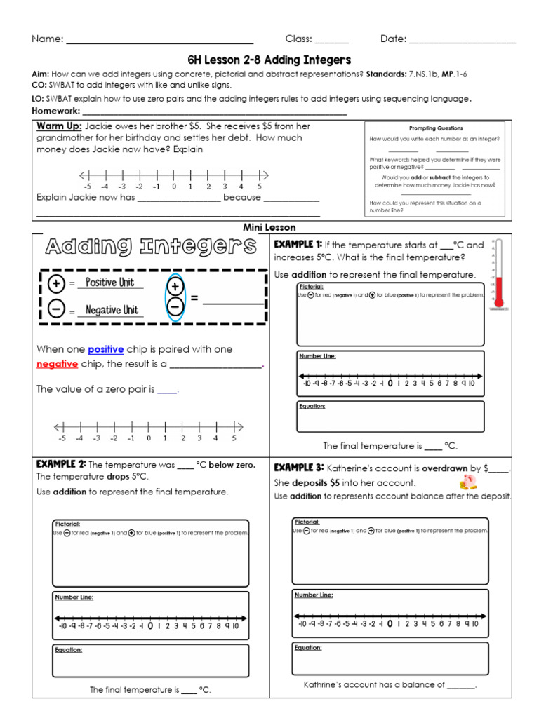 6H 2-8 Adding Integers - NOTES | PDF