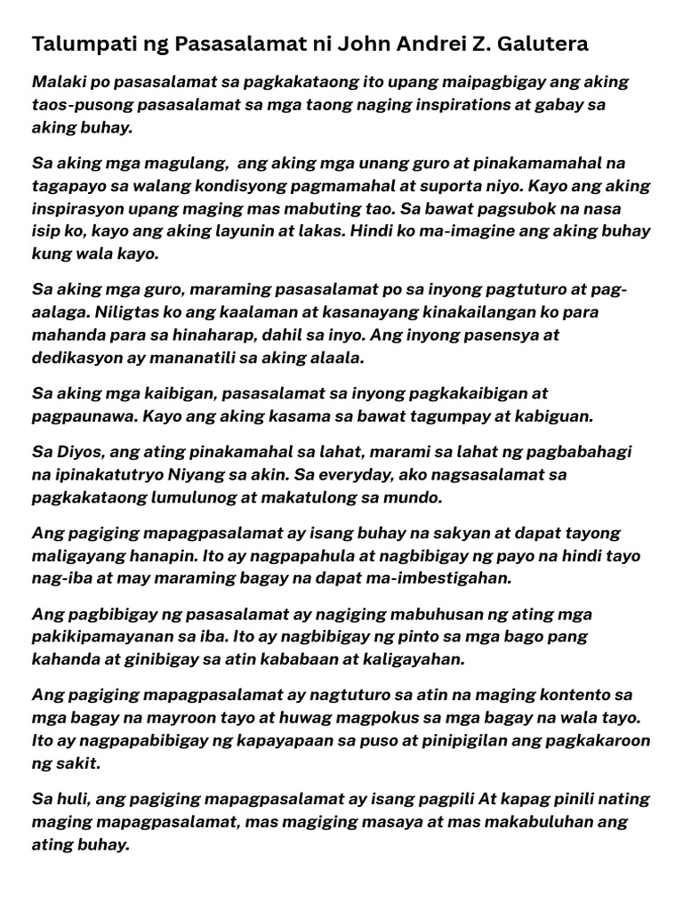 Talumpati NG Pasasalamat | PDF