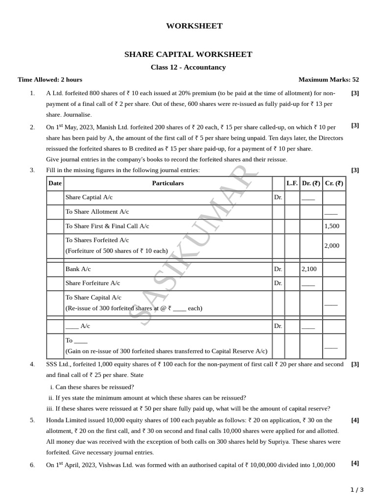 Share Capital Accounting Worksheet | PDF | Equity (Finance) | Financial ...