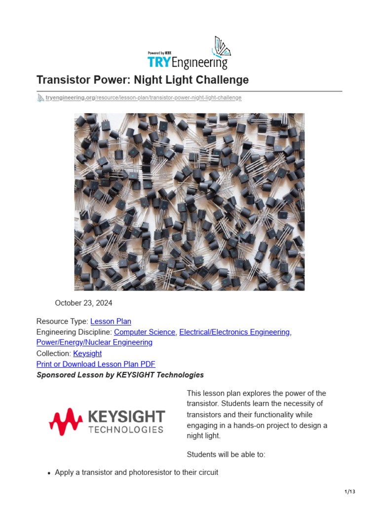 Transistor Night Light Lesson Plan | PDF | Integrated Circuit | Transistor