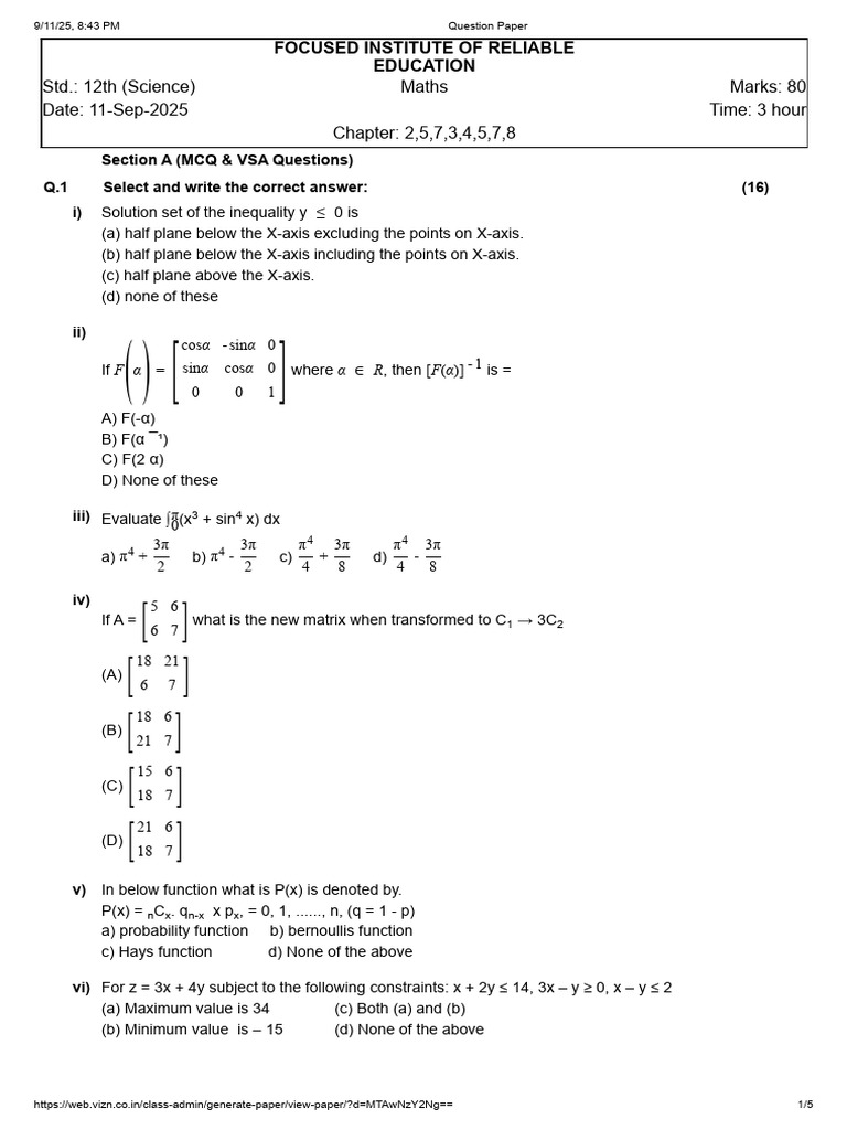 Class 12 Science Maths Exam Paper | PDF | Mathematical Objects ...