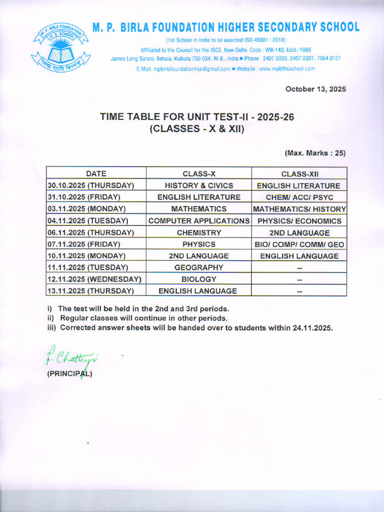 Time Table For Ut-II (X & Xii) - 2025-26 | PDF