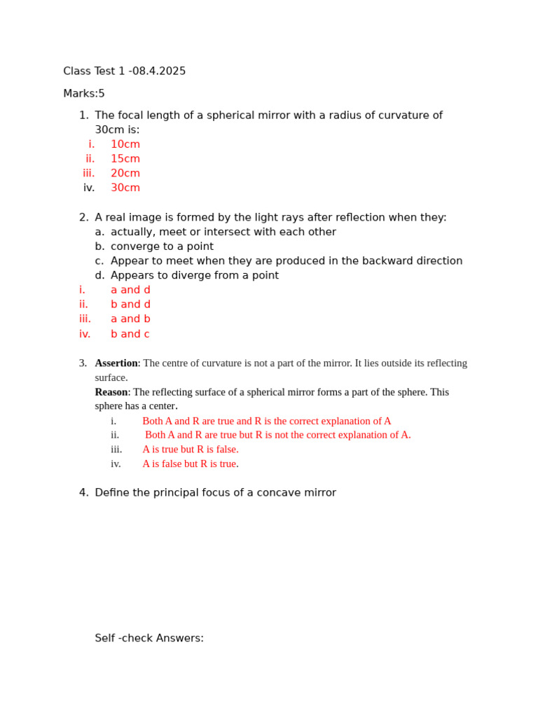Class Test 1: Spherical Mirrors and Images | PDF