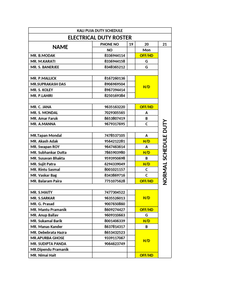 Kali Puja Electrical Duty Roster | PDF
