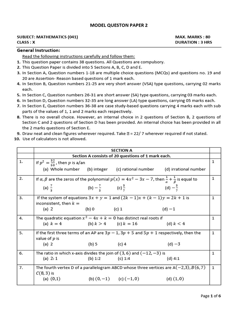 Class X Mathematics Model Question Paper | PDF | Circle | Zero Of A ...