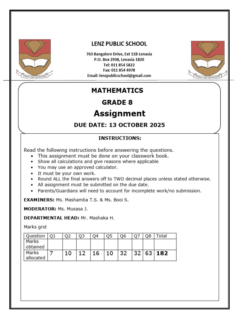 Grade 8 Mathematics Assignment Guide | PDF | Polynomial | Equations