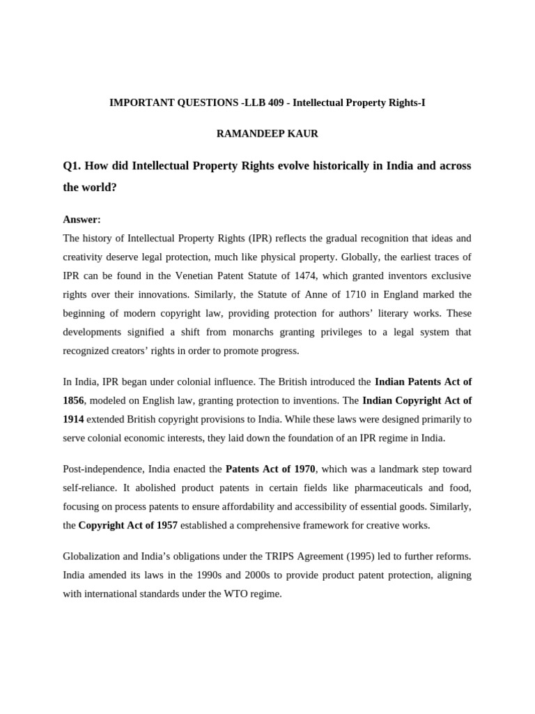 73IMPORTANT QUESTIONS - LLB 409 - Intellectual Property Rights-I | PDF ...