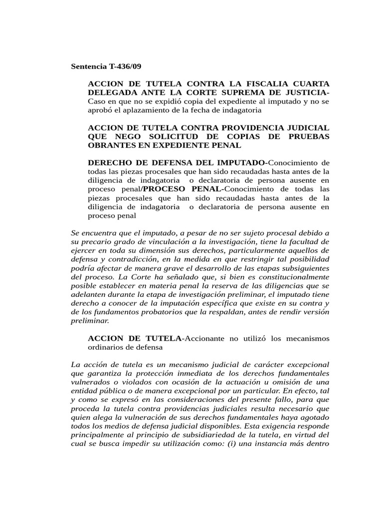 Tutela por Derecho de Defensa en Proceso Penal | PDF | Debido al ...
