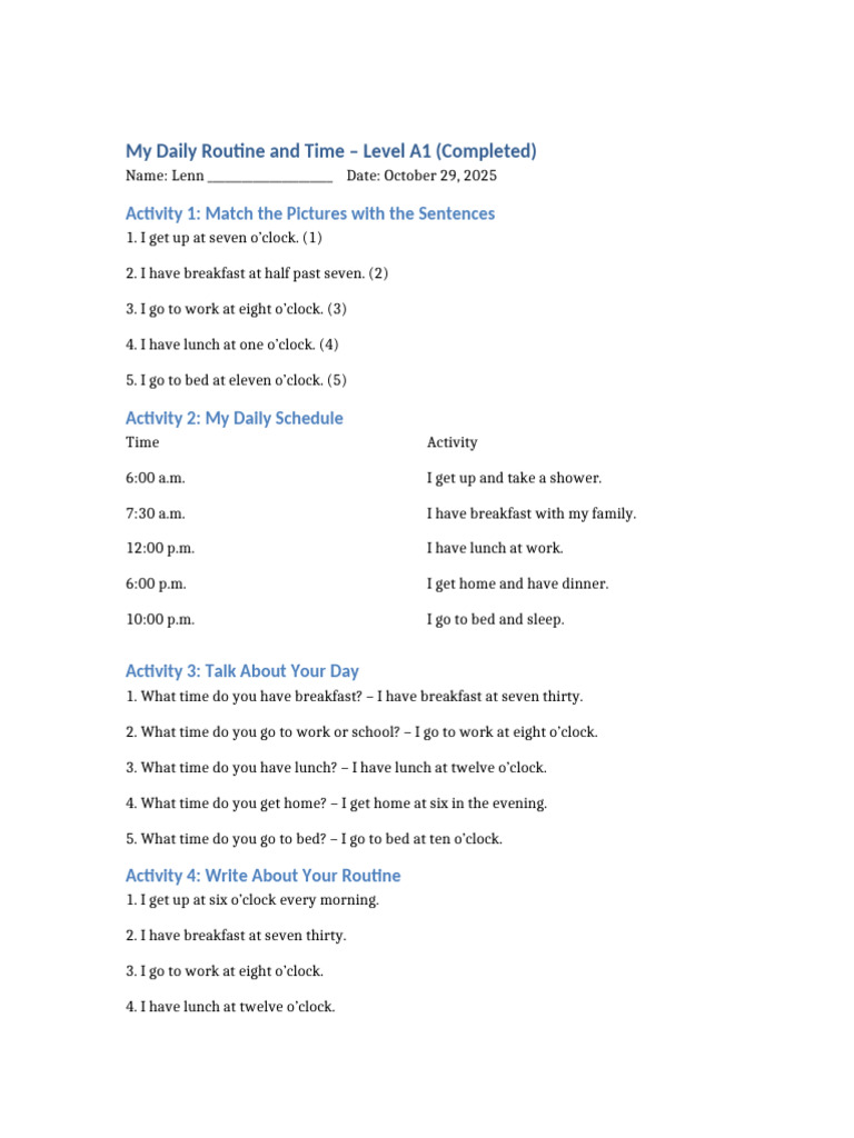 Daily Routines With Time A1 Adults COMPLETED | PDF