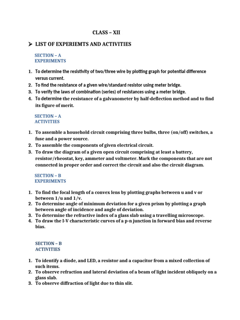 Class XII Physics Experiments Guide | PDF
