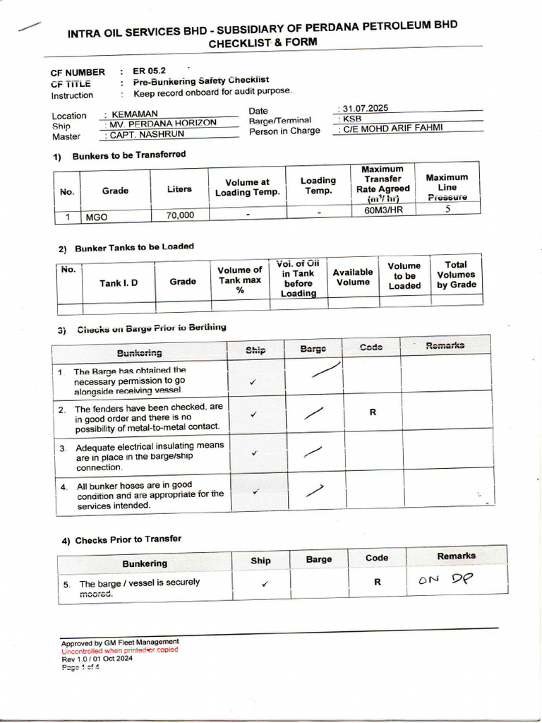 Er05.2.Pre-bunkering Safety Checklist | PDF