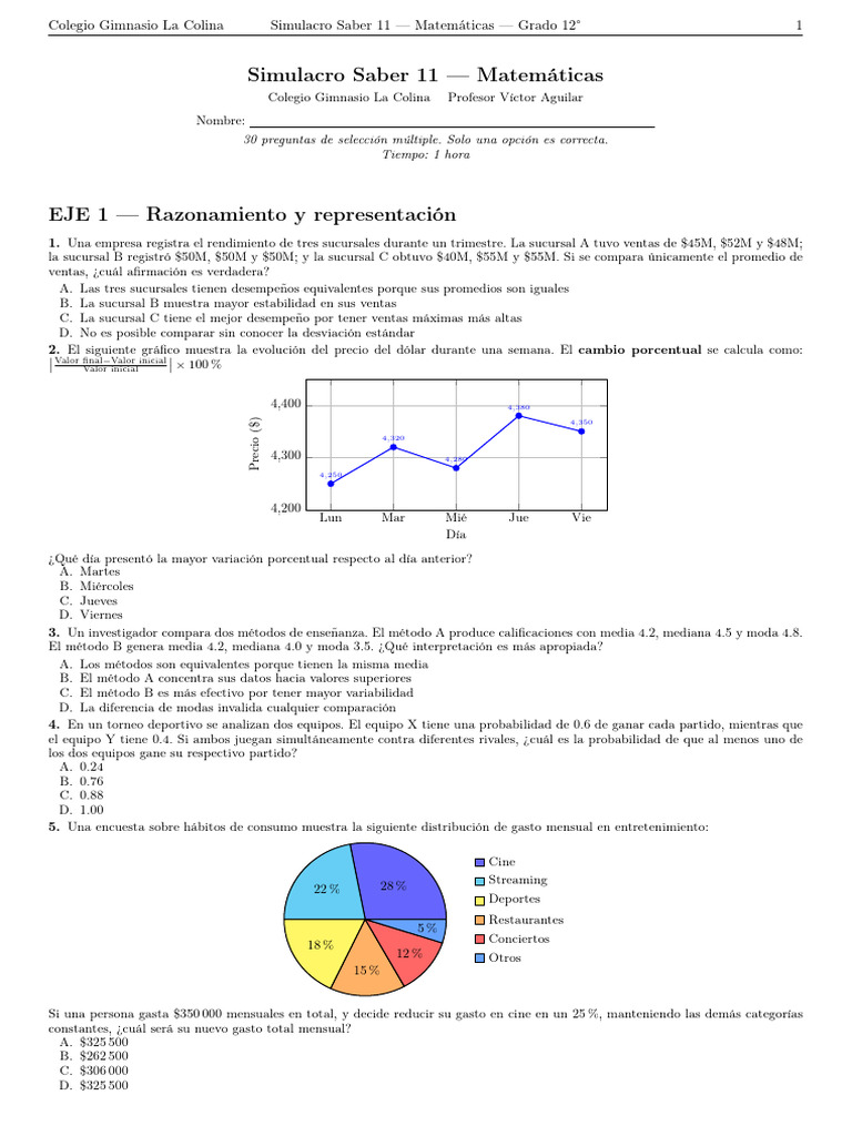 Simulacro Matemáticas Saber 11 Grado 12 | PDF | Mediana | Pi
