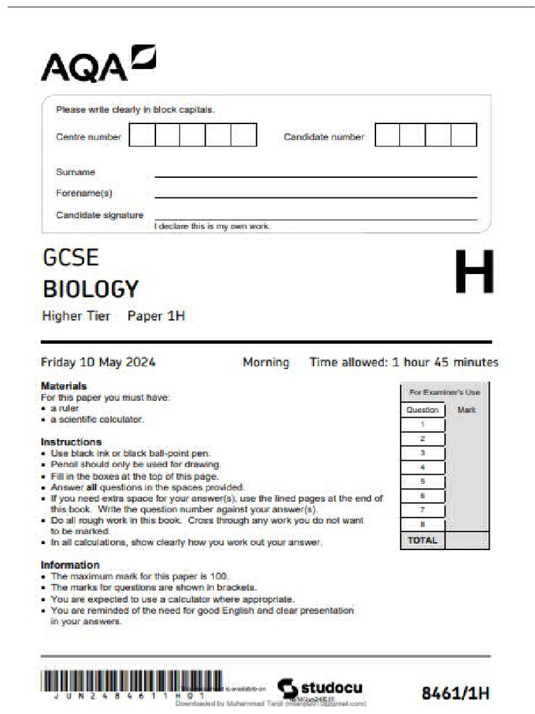 Bio Paper 1 2024 | PDF