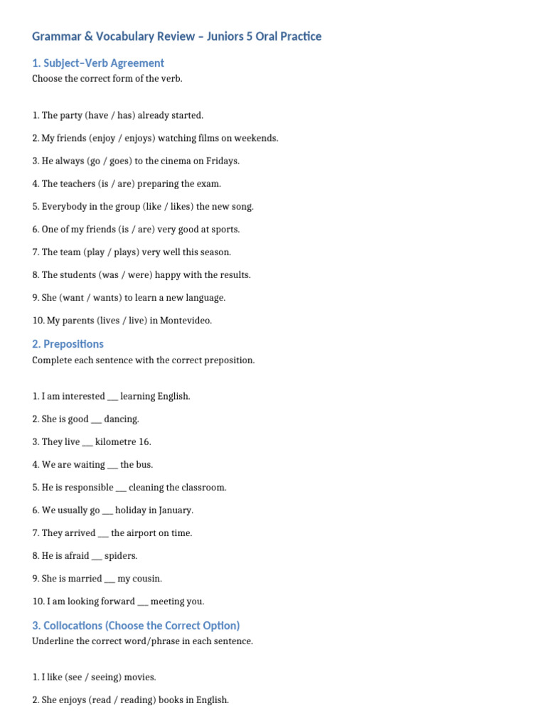 Grammar & Vocabulary Review for Juniors | PDF | English Language ...