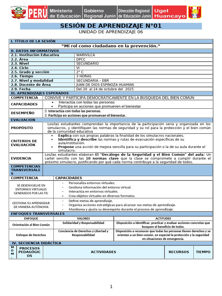 Sesion 01 Ivb DPCC | PDF | Aprendizaje | Salón de clases