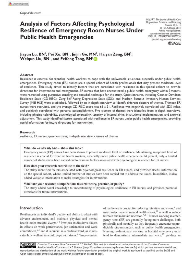 Resilience Factors in ER Nurses During Crises | PDF | Psychological ...