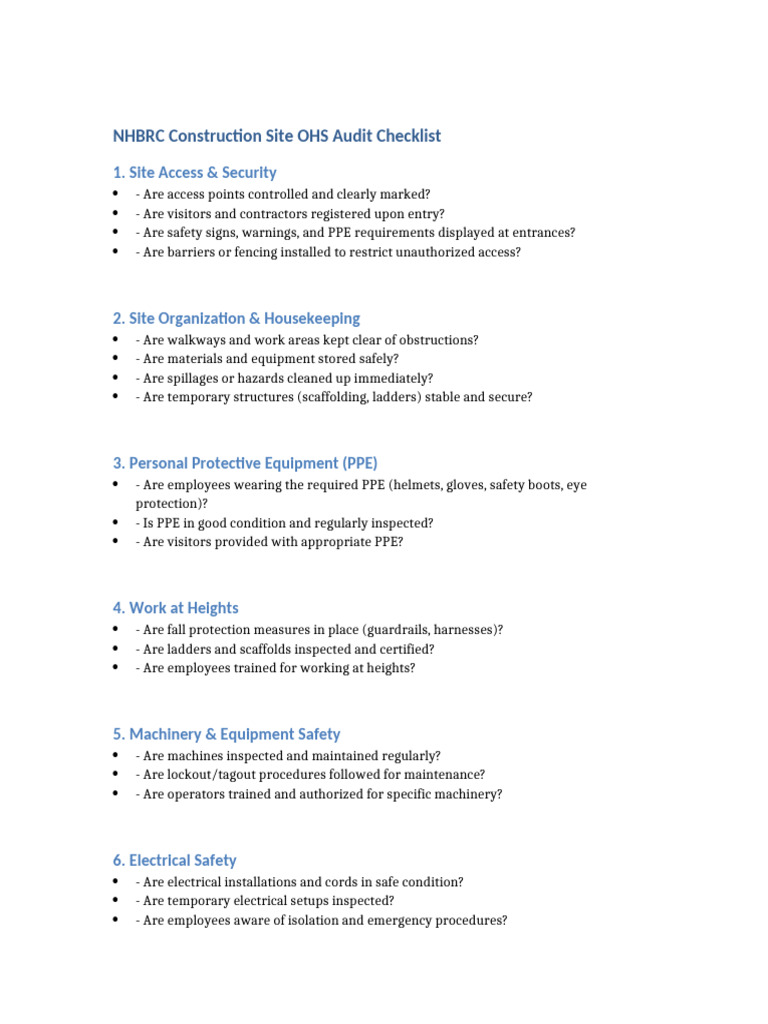 OHS Audit Checklist for Construction Sites | PDF | Occupational Safety ...