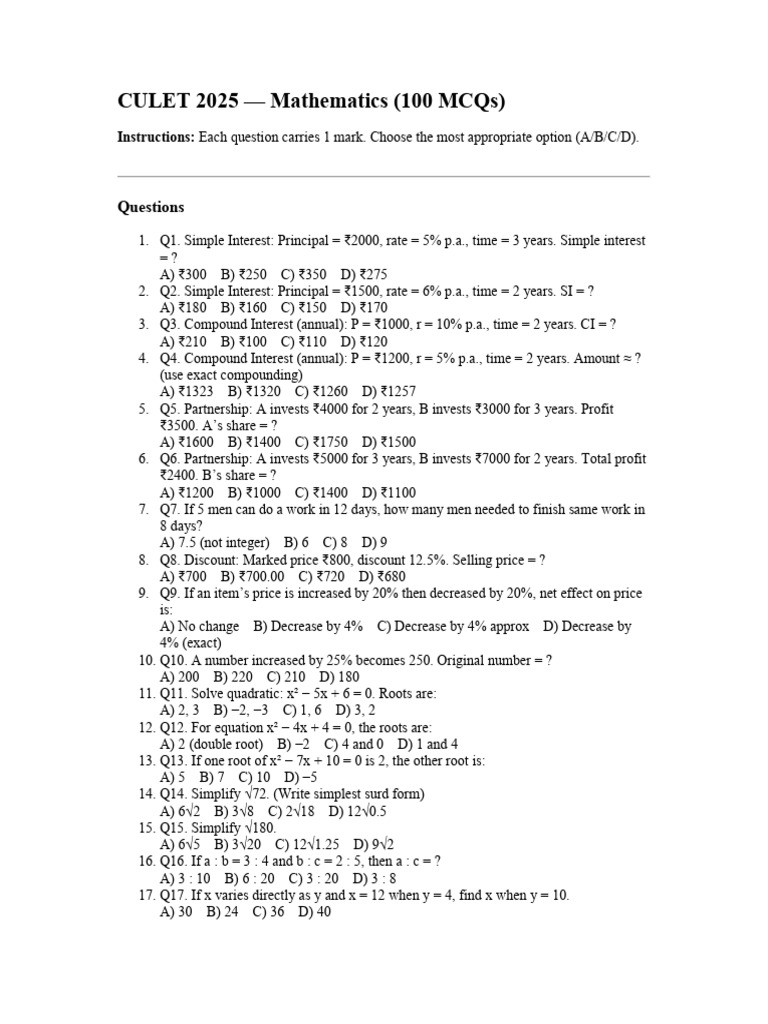 CULET 2025 Mathematics MCQs Guide | PDF | Area | Circle