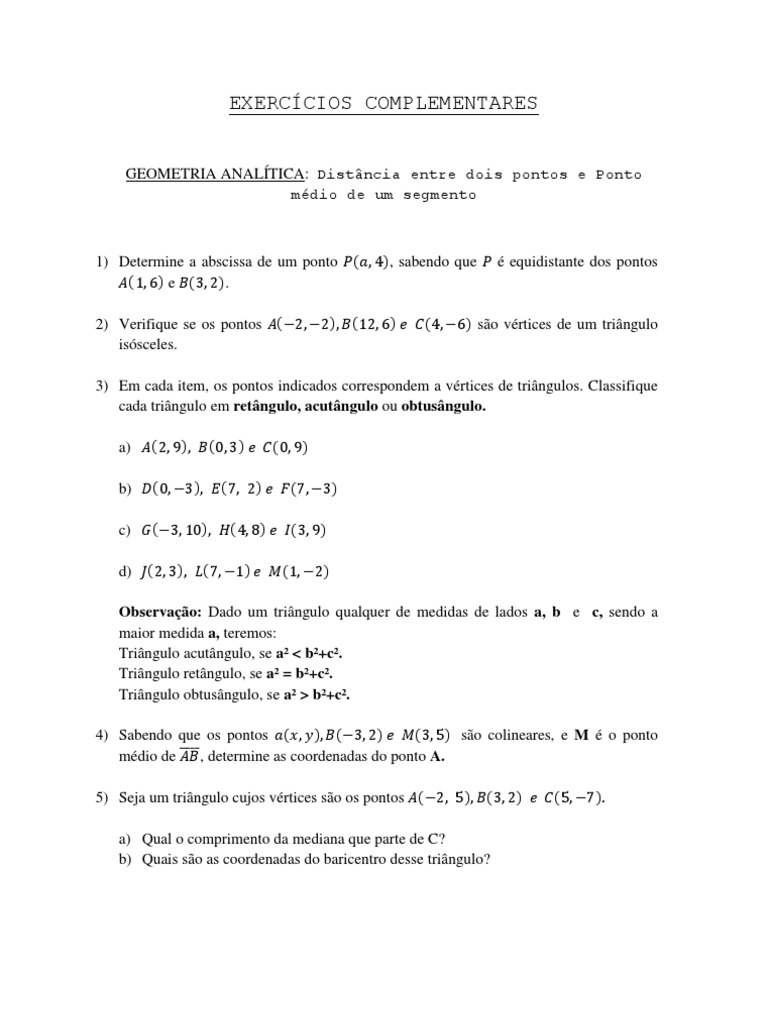 Exercícios Complementares - Distância Entre Dois Pontos | PDF ...