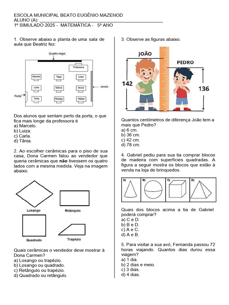 Simulado de Matemática 5º Ano 2025 | PDF