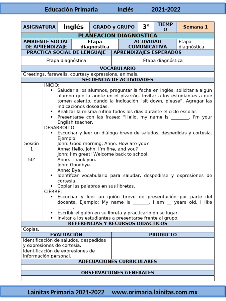 Planeación de Inglés 3° Primaria 2021-2022 | PDF | Plan de estudios ...