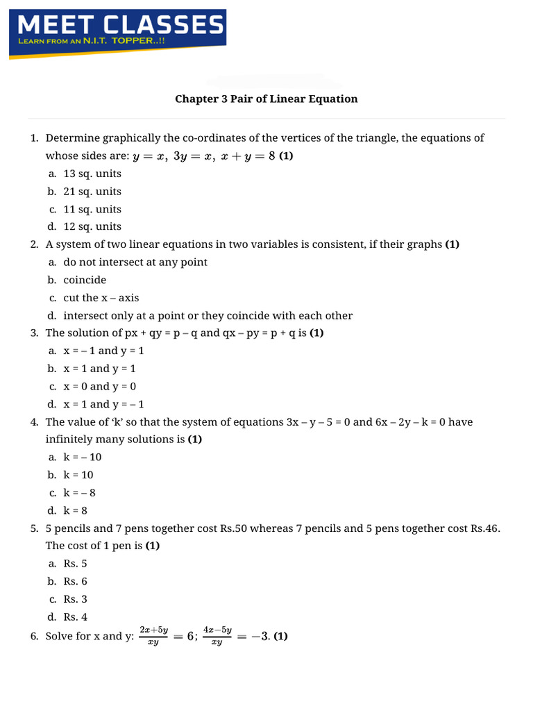 CBSE Class 10 Linear Equations Test | PDF | Equations | System Of ...