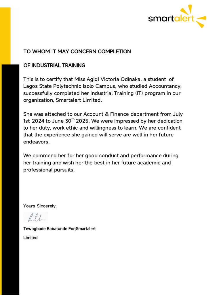 Industrial Training Completion Certificate | PDF