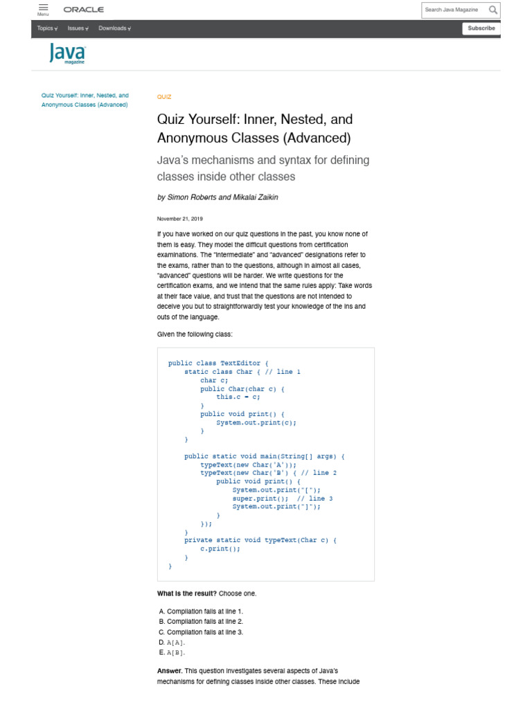 Advanced Java Quiz: Inner & Nested Classes | PDF | Class (Computer ...